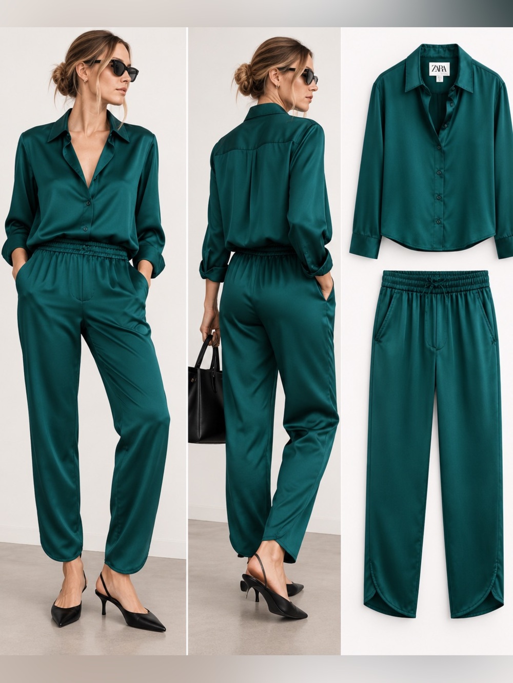 Zara Deep Teal Satin Shirt and Elastic-Waist Pants Set